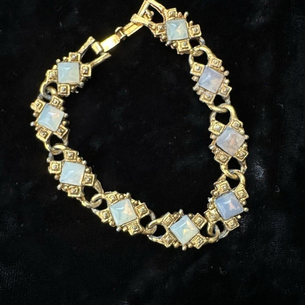 VTG LJM Laurentian Opalescent Glass Gold Tone Bracelet Art Deco Style 1950s